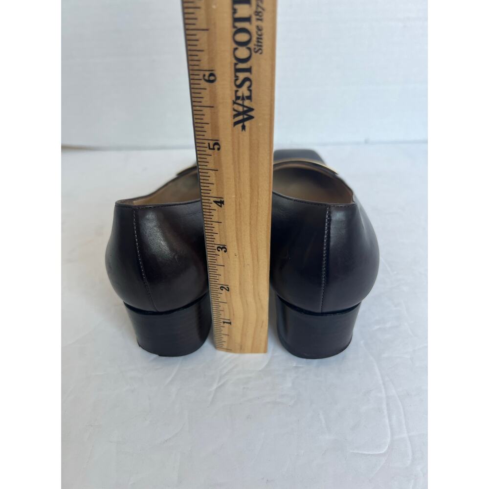 Vintage Gucci Brown Leather Square Toe Gold Plate  Block Low‎ Heel Pumps 6C Wide - Picture 8 of 12